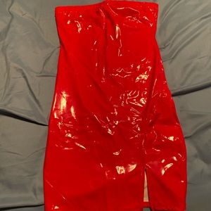 Red strapless leather dress